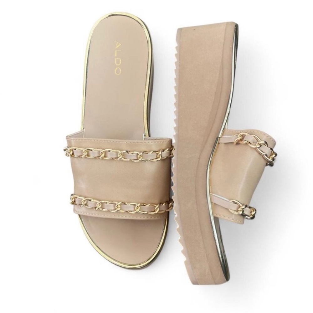 ALDO Women's Tan Slide Sandals with Gold Accents